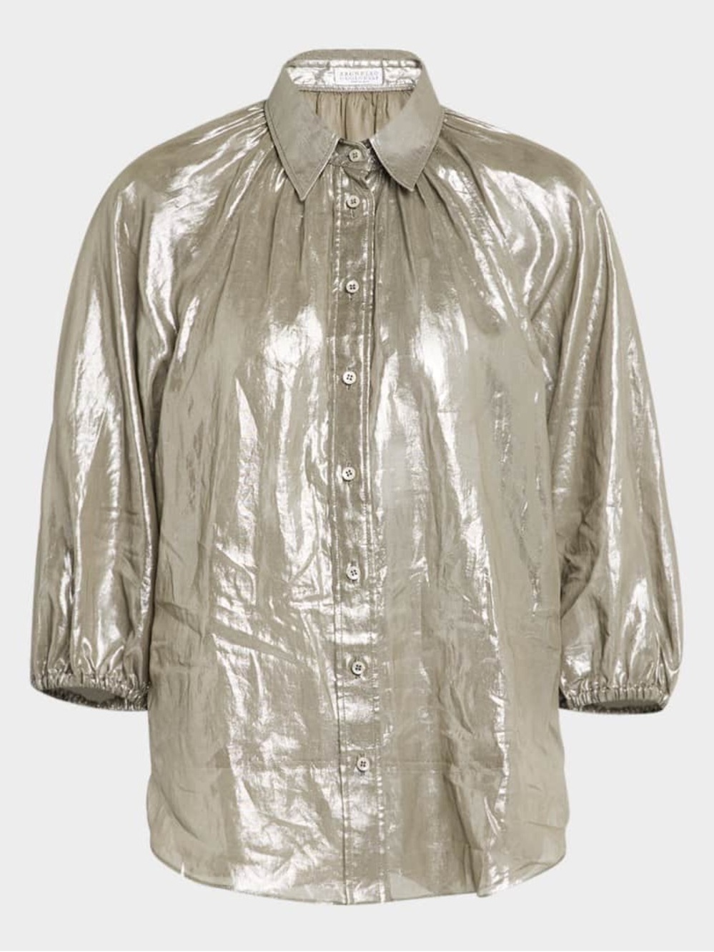 Brunello Cucinelli Metallic Cotton Gauze 3/4-Sleeve Blouse With Monili Epaulet